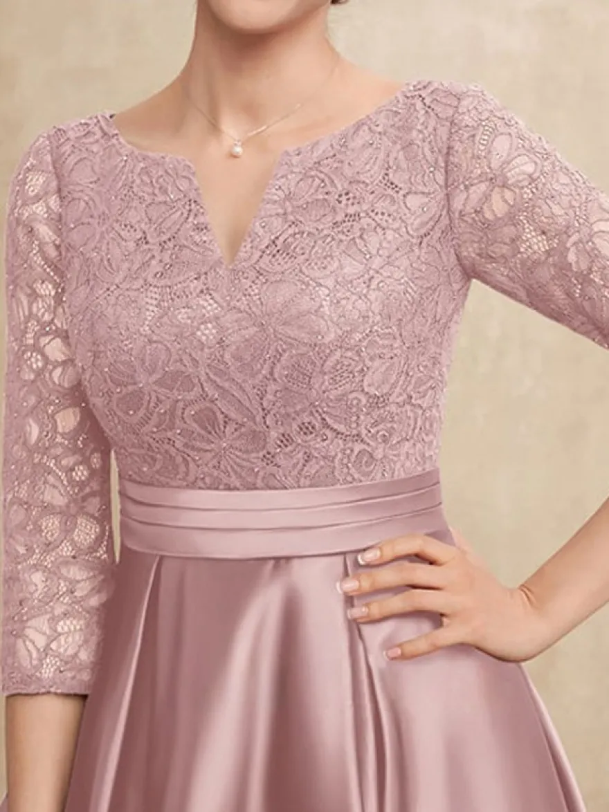 Robe mère col en V manches 3/4 ligne A en dentelle robes d'invité pour mariage