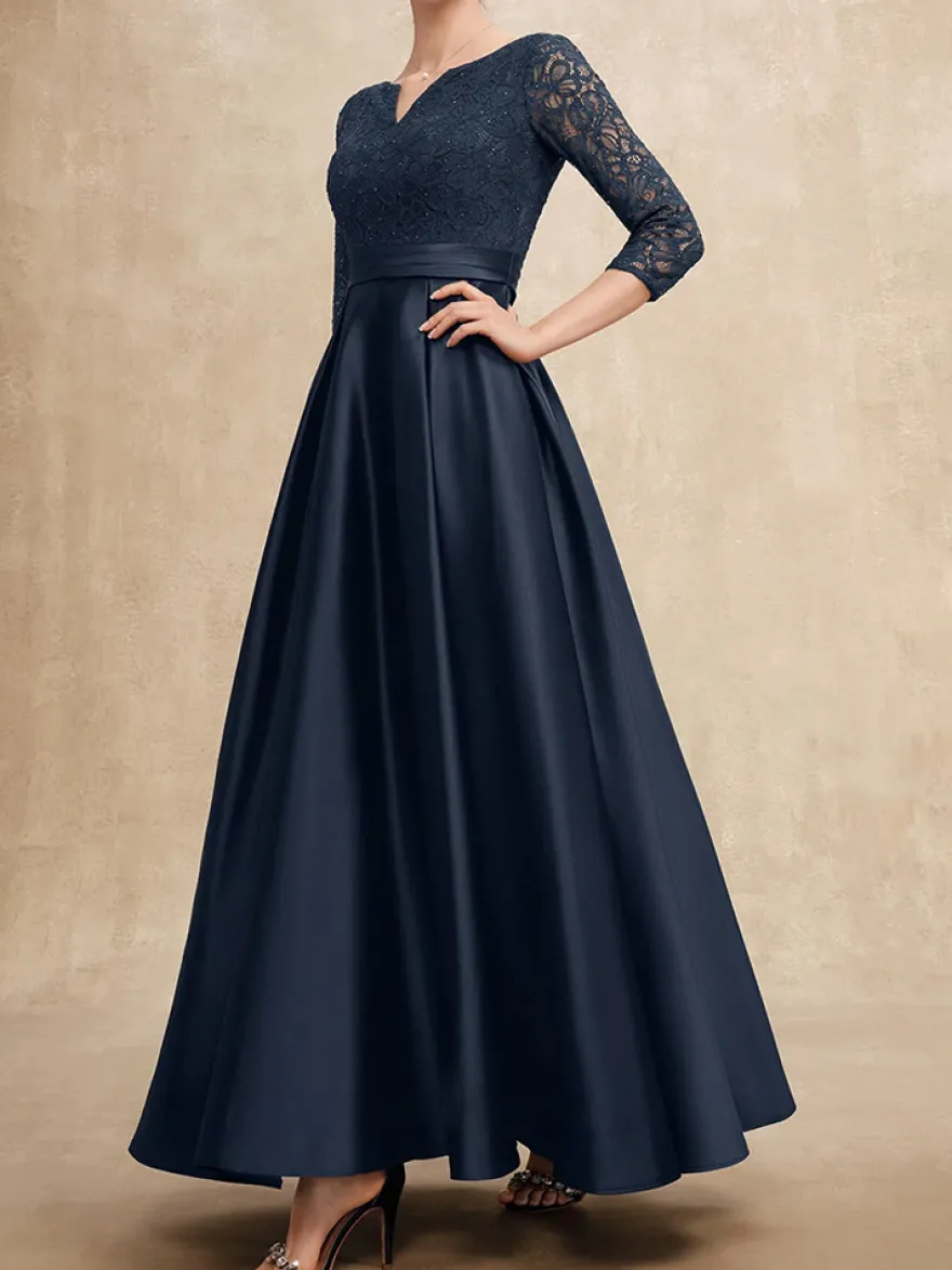 Robe mère col en V manches 3/4 ligne A en dentelle robes d'invité pour mariage