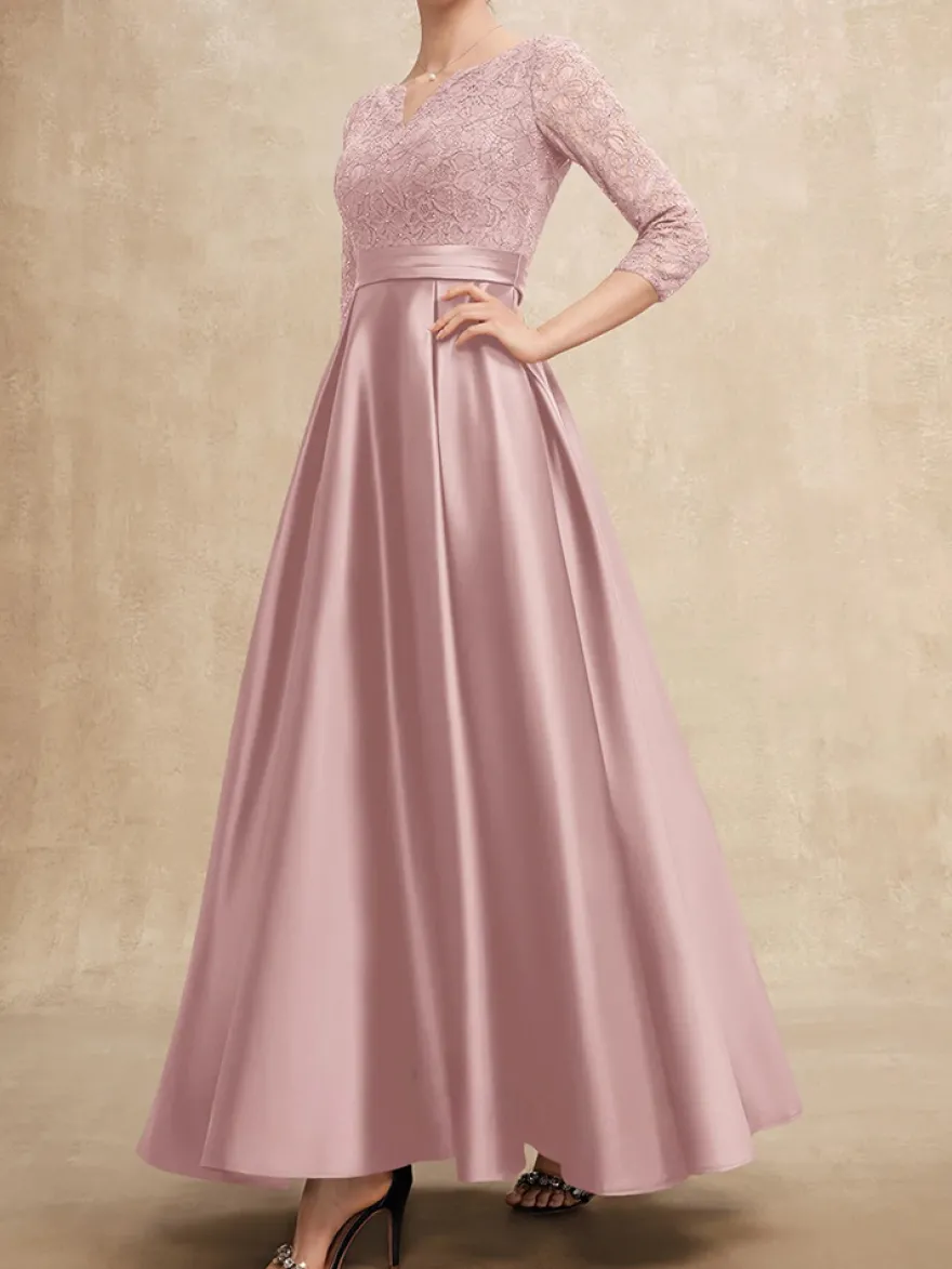 Robe mère col en V manches 3/4 ligne A en dentelle robes d'invité pour mariage