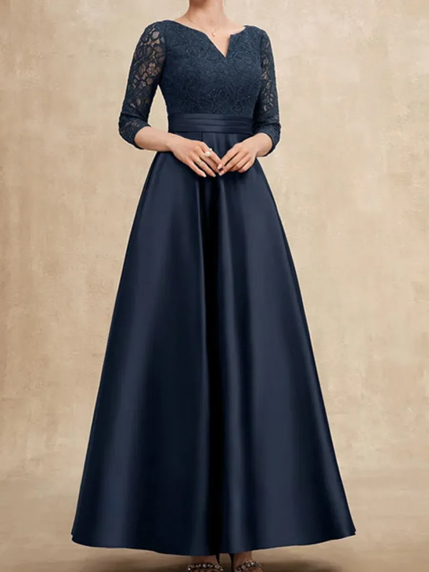 Robe mère col en V manches 3/4 ligne A en dentelle robes d'invité pour mariage