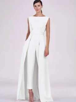 Robe mère de la mariée col bijou combinaison sans manches plissée longueur cheville robes d'invité pour mariage