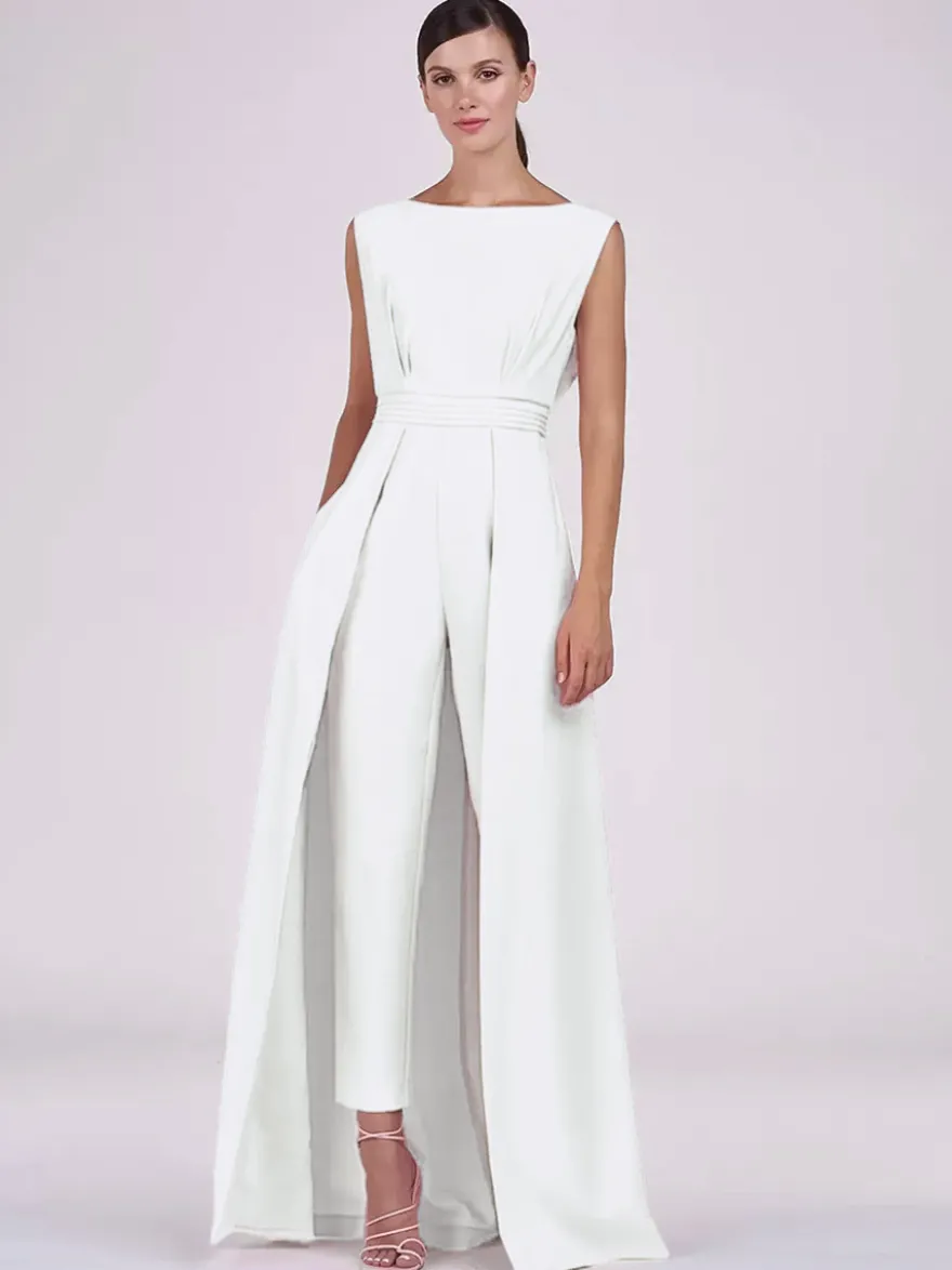 Robe mère de la mariée col bijou combinaison sans manches plissée longueur cheville robes d'invité pour mariage