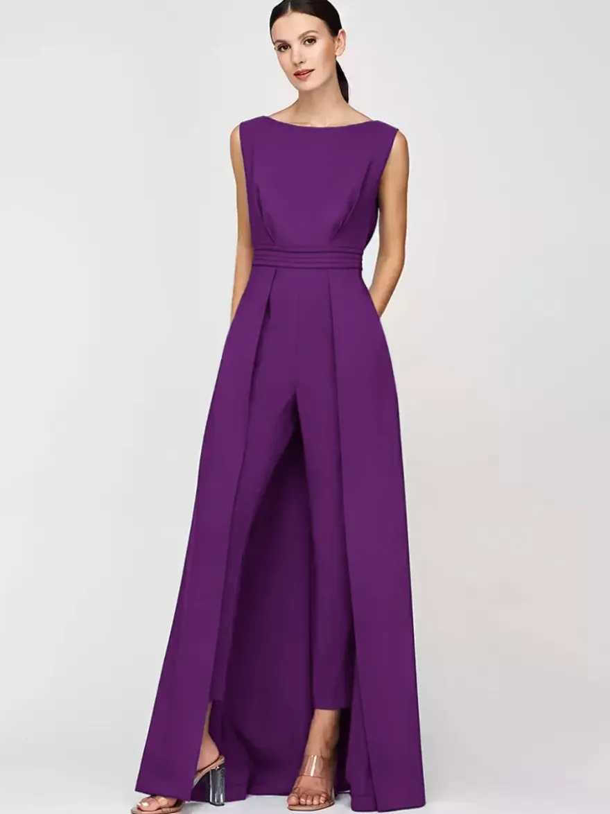 Robe mère de la mariée col bijou combinaison sans manches plissée longueur cheville robes d'invité pour mariage