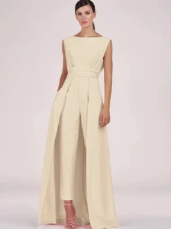 Robe mère de la mariée col bijou combinaison sans manches plissée longueur cheville robes d'invité pour mariage