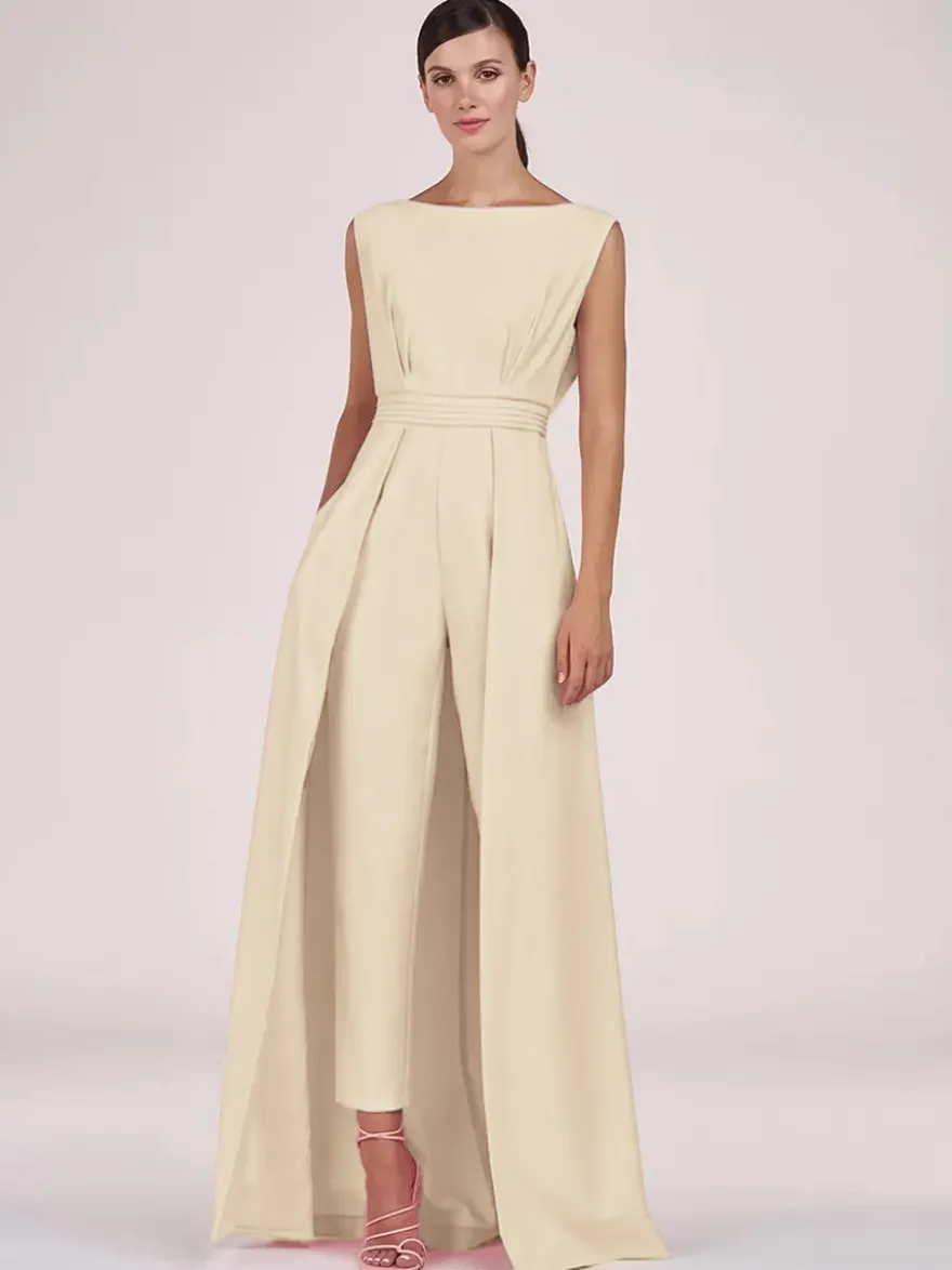 Robe mère de la mariée col bijou combinaison sans manches plissée longueur cheville robes d'invité pour mariage