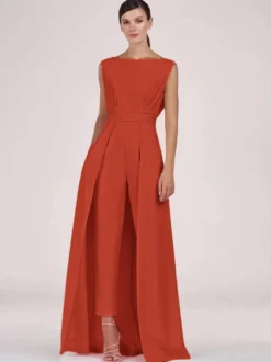 Robe mère de la mariée col bijou combinaison sans manches plissée longueur cheville robes d'invité pour mariage