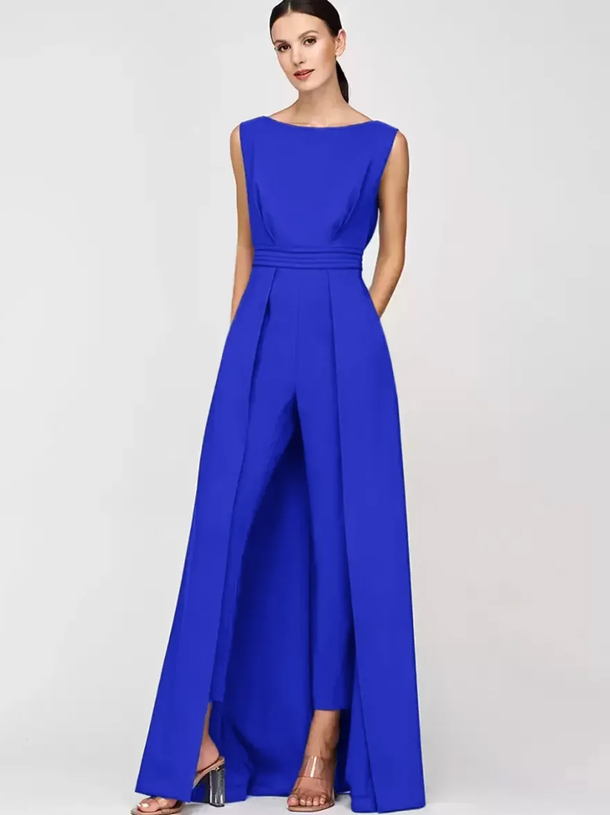 Robe mère de la mariée col bijou combinaison sans manches plissée longueur cheville robes d'invité pour mariage