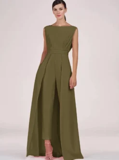 Robe mère de la mariée col bijou combinaison sans manches plissée longueur cheville robes d'invité pour mariage