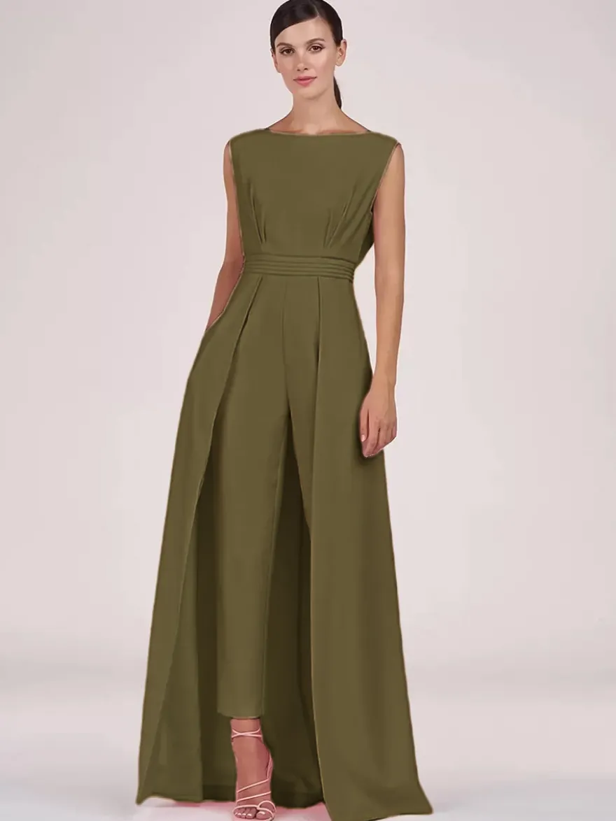 Robe mère de la mariée col bijou combinaison sans manches plissée longueur cheville robes d'invité pour mariage