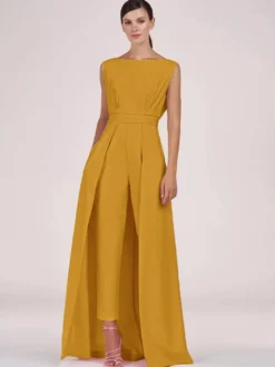 Robe mère de la mariée col bijou combinaison sans manches plissée longueur cheville robes d'invité pour mariage