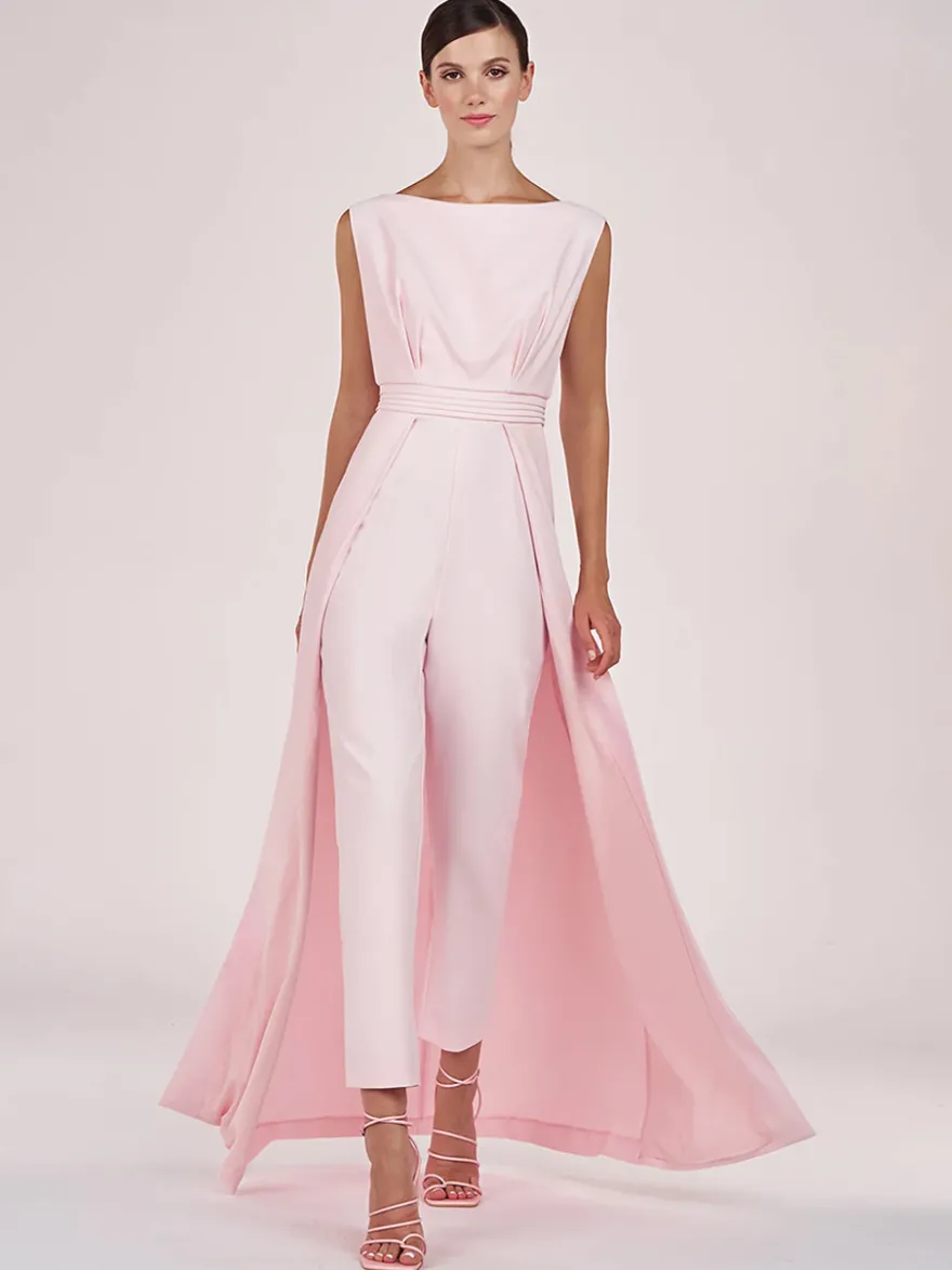 Robe mère de la mariée col bijou combinaison sans manches plissée longueur cheville robes d'invité pour mariage