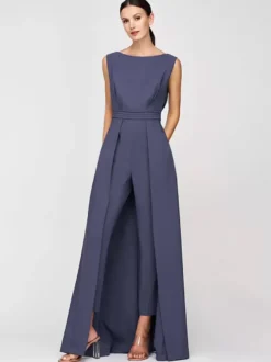 Robe mère de la mariée col bijou combinaison sans manches plissée longueur cheville robes d'invité pour mariage