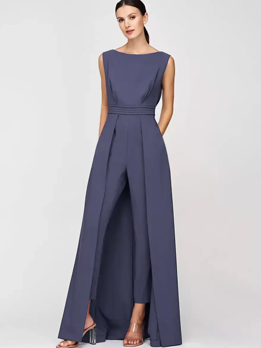 Robe mère de la mariée col bijou combinaison sans manches plissée longueur cheville robes d'invité pour mariage