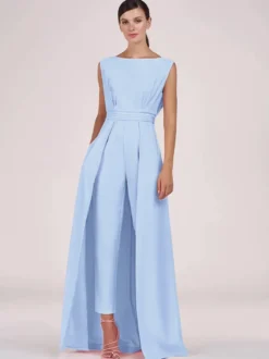 Robe mère de la mariée col bijou combinaison sans manches plissée longueur cheville robes d'invité pour mariage