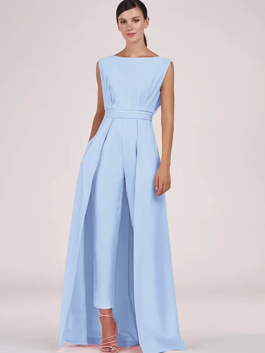 Robe mère de la mariée col bijou combinaison sans manches plissée longueur cheville robes d'invité pour mariage