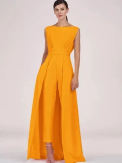 Robe mère de la mariée col bijou combinaison sans manches plissée longueur cheville robes d'invité pour mariage