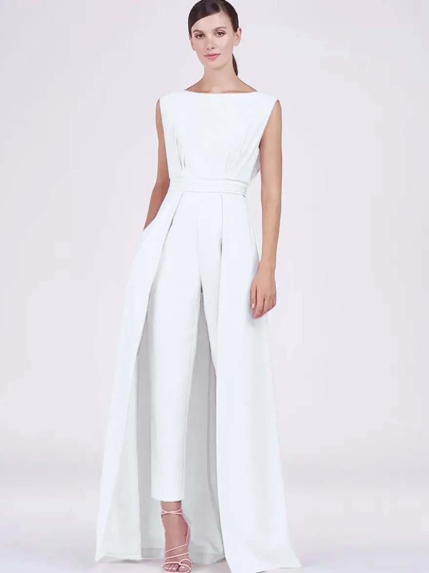 Robe mère de la mariée col bijou combinaison sans manches plissée longueur cheville robes d'invité pour mariage