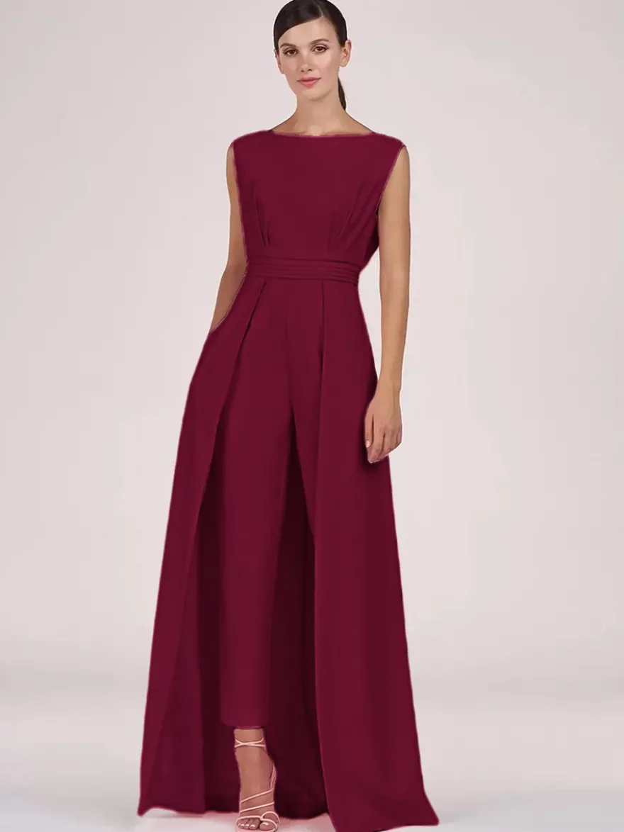 Robe mère de la mariée col bijou combinaison sans manches plissée longueur cheville robes d'invité pour mariage