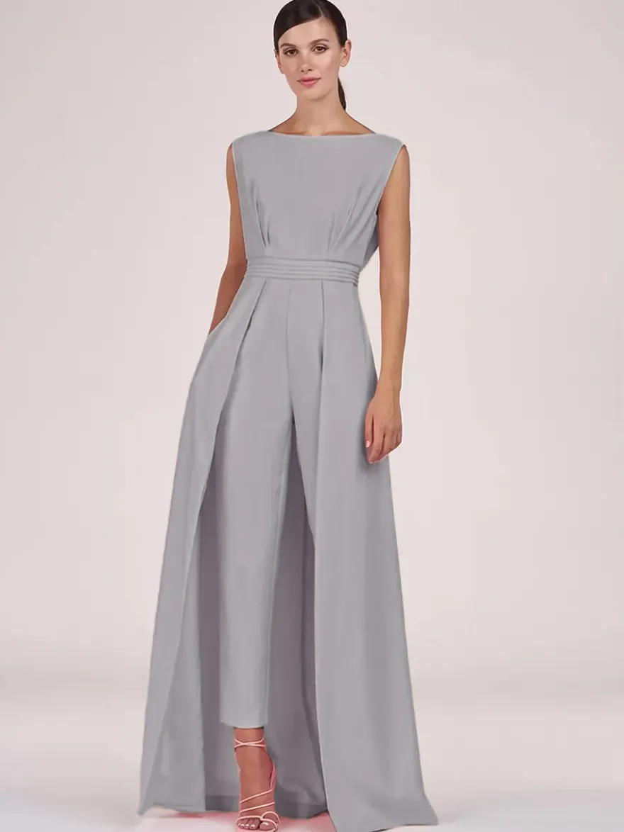 Robe mère de la mariée col bijou combinaison sans manches plissée longueur cheville robes d'invité pour mariage