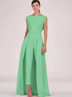 Robe mère de la mariée col bijou combinaison sans manches plissée longueur cheville robes d'invité pour mariage
