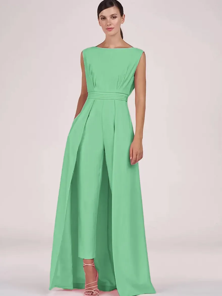 Robe mère de la mariée col bijou combinaison sans manches plissée longueur cheville robes d'invité pour mariage