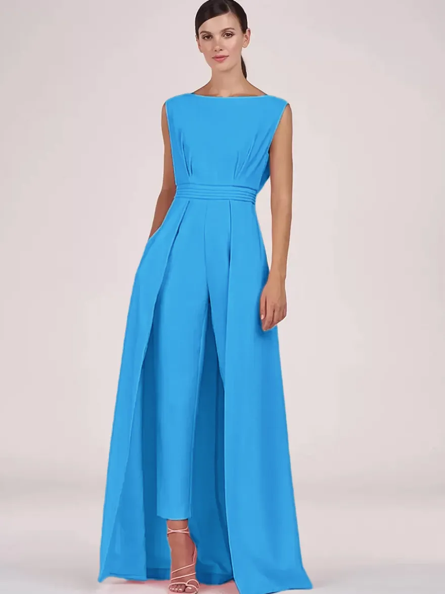 Robe mère de la mariée col bijou combinaison sans manches plissée longueur cheville robes d'invité pour mariage