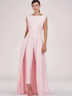 Robe mère de la mariée col bijou combinaison sans manches plissée longueur cheville robes d'invité pour mariage