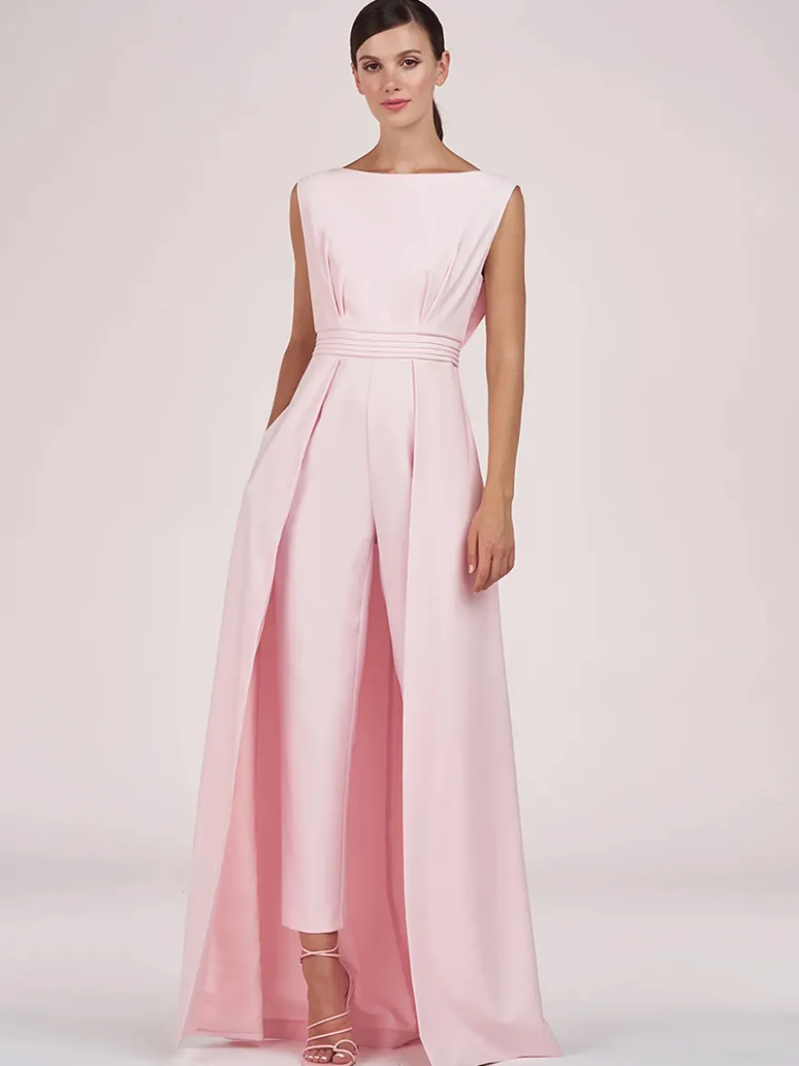 Robe mère de la mariée col bijou combinaison sans manches plissée longueur cheville robes d'invité pour mariage