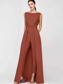 Robe mère de la mariée col bijou combinaison sans manches plissée longueur cheville robes d'invité pour mariage