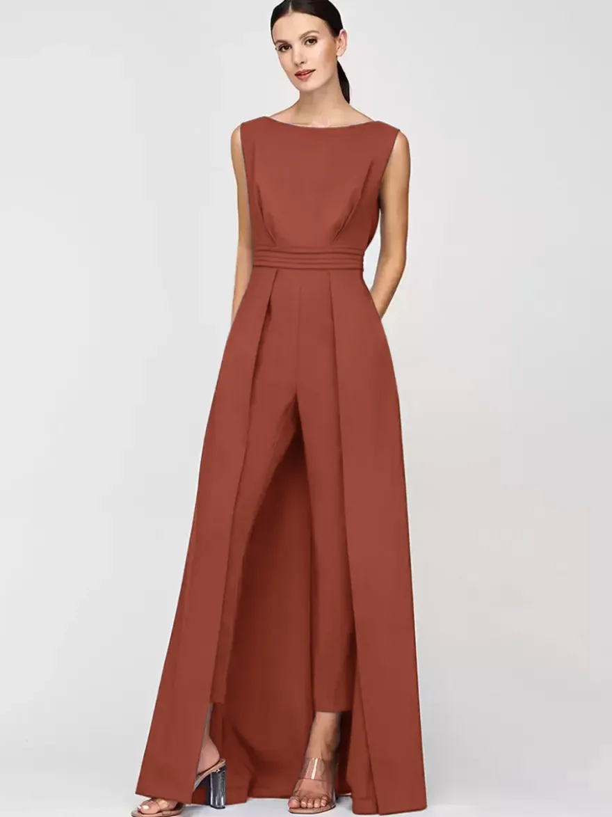 Robe mère de la mariée col bijou combinaison sans manches plissée longueur cheville robes d'invité pour mariage