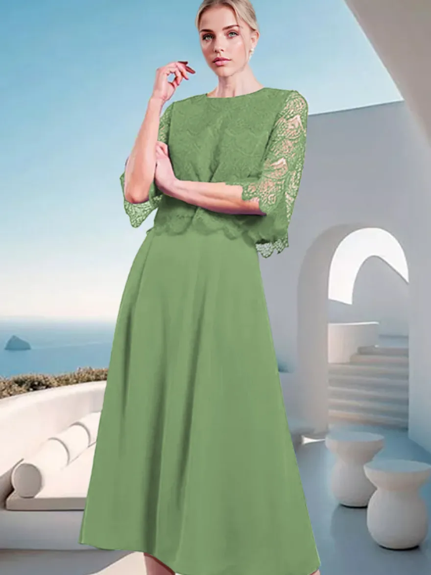 Robe mère de la mariée à col bijou et manches mi-longues en dentelle