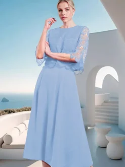 Robe mère de la mariée à col bijou et manches mi-longues en dentelle