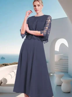 Robe mère de la mariée à col bijou et manches mi-longues en dentelle
