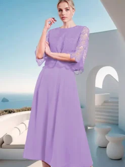 Robe mère de la mariée à col bijou et manches mi-longues en dentelle