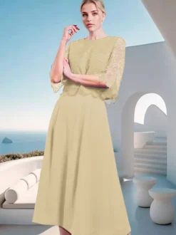 Robe mère de la mariée à col bijou et manches mi-longues en dentelle