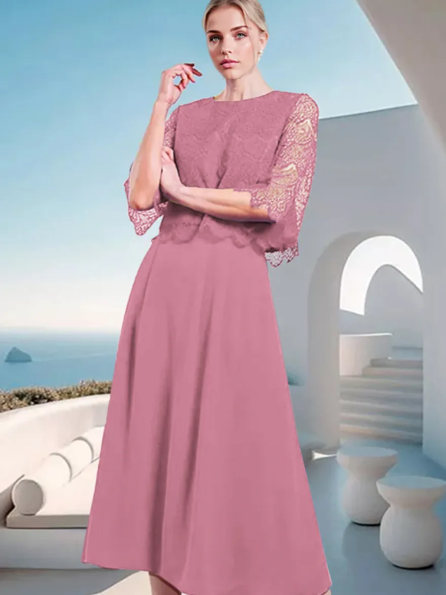 Robe mère de la mariée à col bijou et manches mi-longues en dentelle