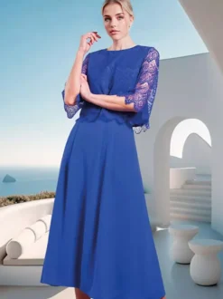Robe mère de la mariée à col bijou et manches mi-longues en dentelle