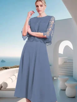 Robe mère de la mariée à col bijou et manches mi-longues en dentelle