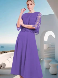 Robe mère de la mariée à col bijou et manches mi-longues en dentelle