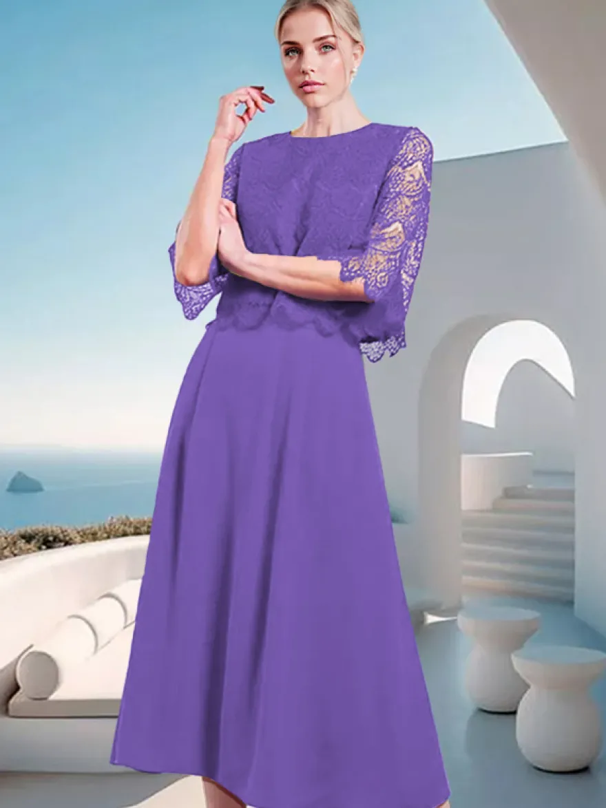 Robe mère de la mariée à col bijou et manches mi-longues en dentelle