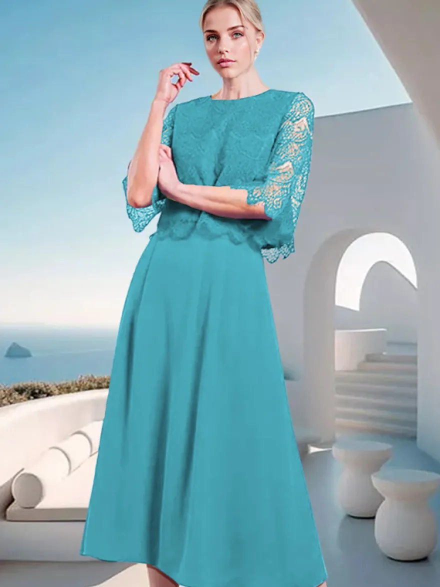 Robe mère de la mariée à col bijou et manches mi-longues en dentelle