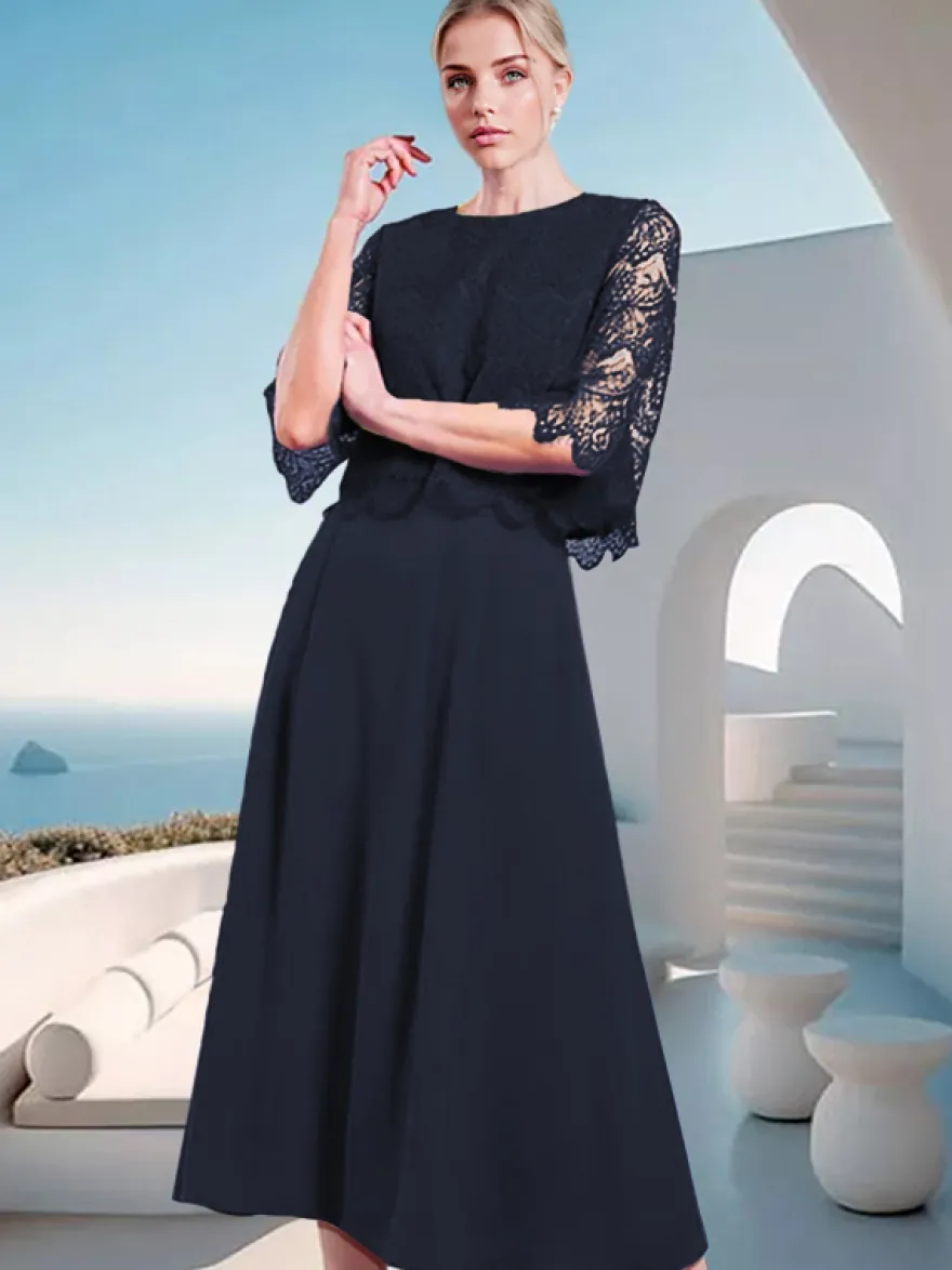 Robe mère de la mariée à col bijou et manches mi-longues en dentelle