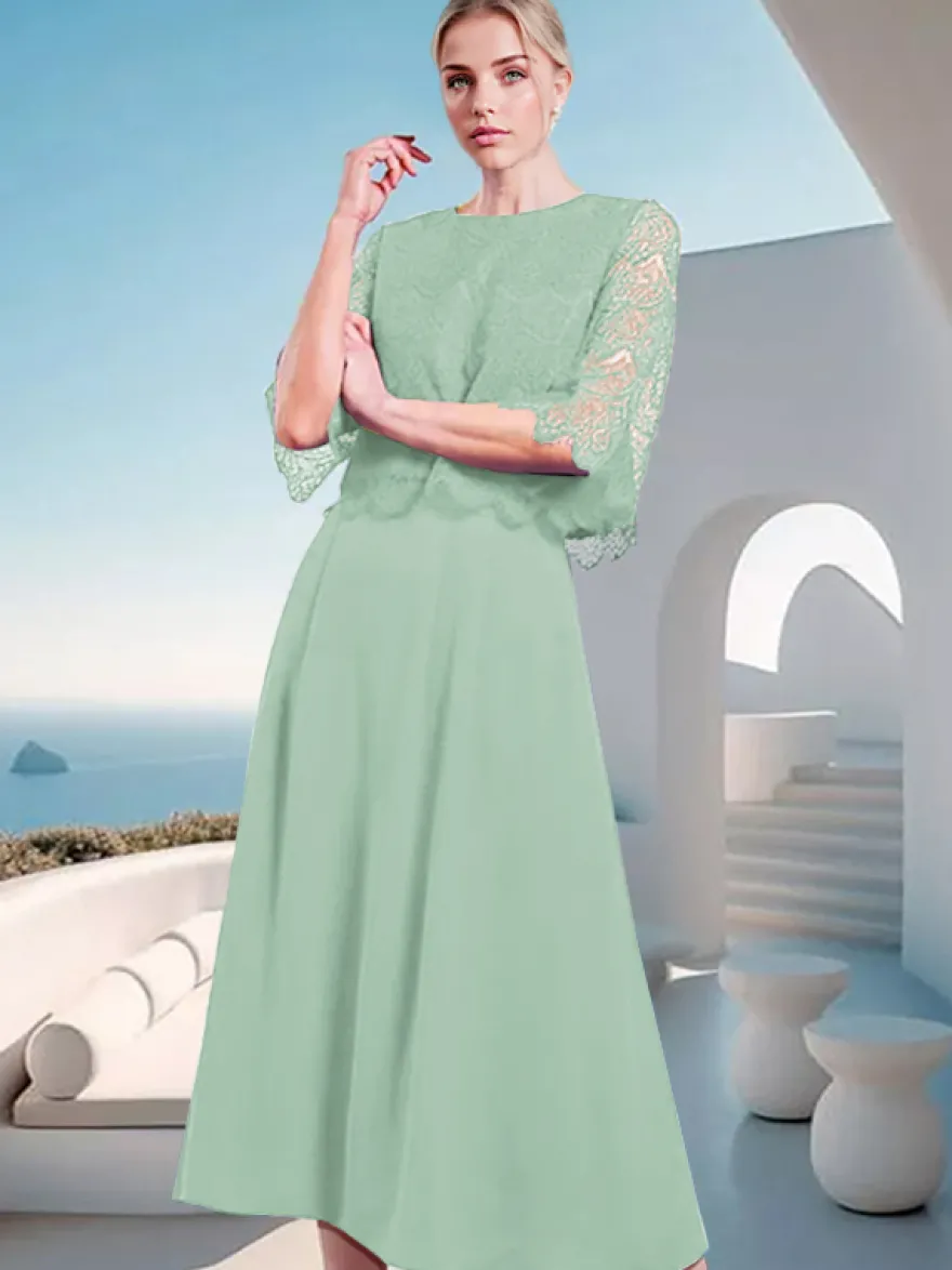 Robe mère de la mariée à col bijou et manches mi-longues en dentelle