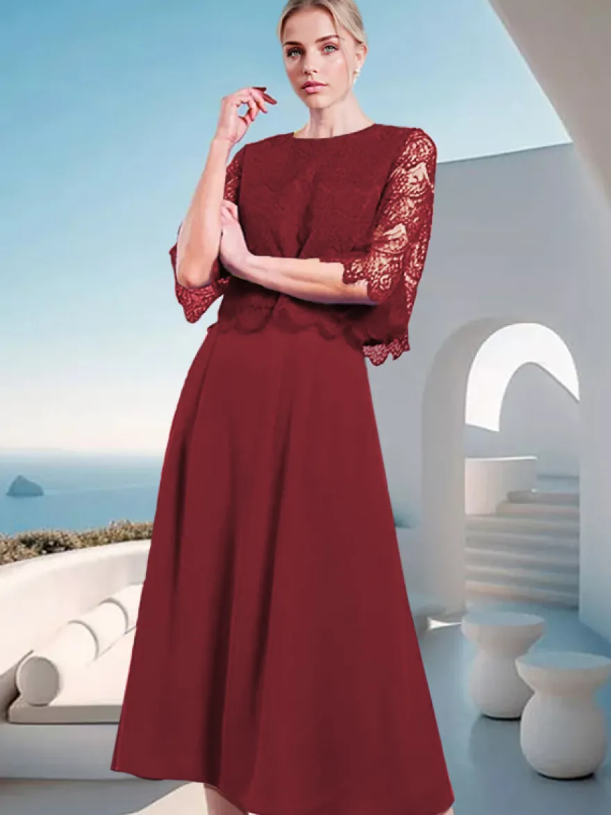 Robe mère de la mariée à col bijou et manches mi-longues en dentelle