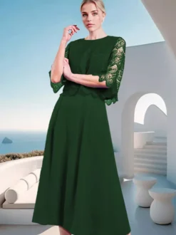 Robe mère de la mariée à col bijou et manches mi-longues en dentelle