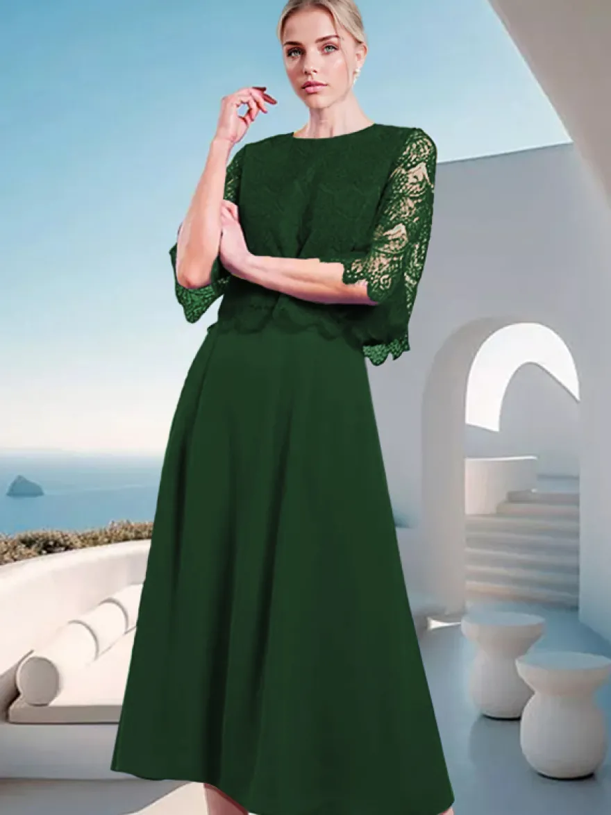 Robe mère de la mariée à col bijou et manches mi-longues en dentelle