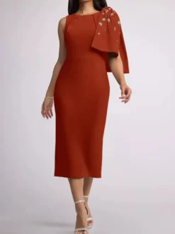 Robe mère de la mariée à col bijou sans manches fourreau nœuds longueur thé robes d'invitées de mariage