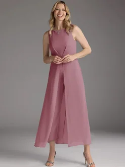 Robe mère de la mariée col bijou sans manches deux pièces plissée longueur thé robes d'invitées pour mariage