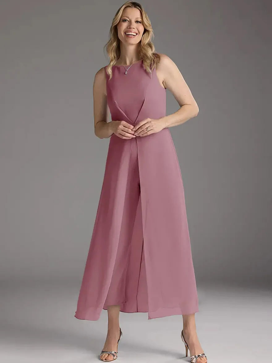 Robe mère de la mariée col bijou sans manches deux pièces plissée longueur thé robes d'invitées pour mariage