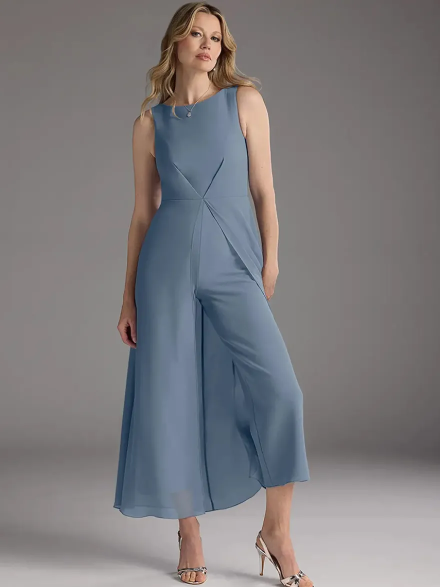 Robe mère de la mariée col bijou sans manches deux pièces plissée longueur thé robes d'invitées pour mariage